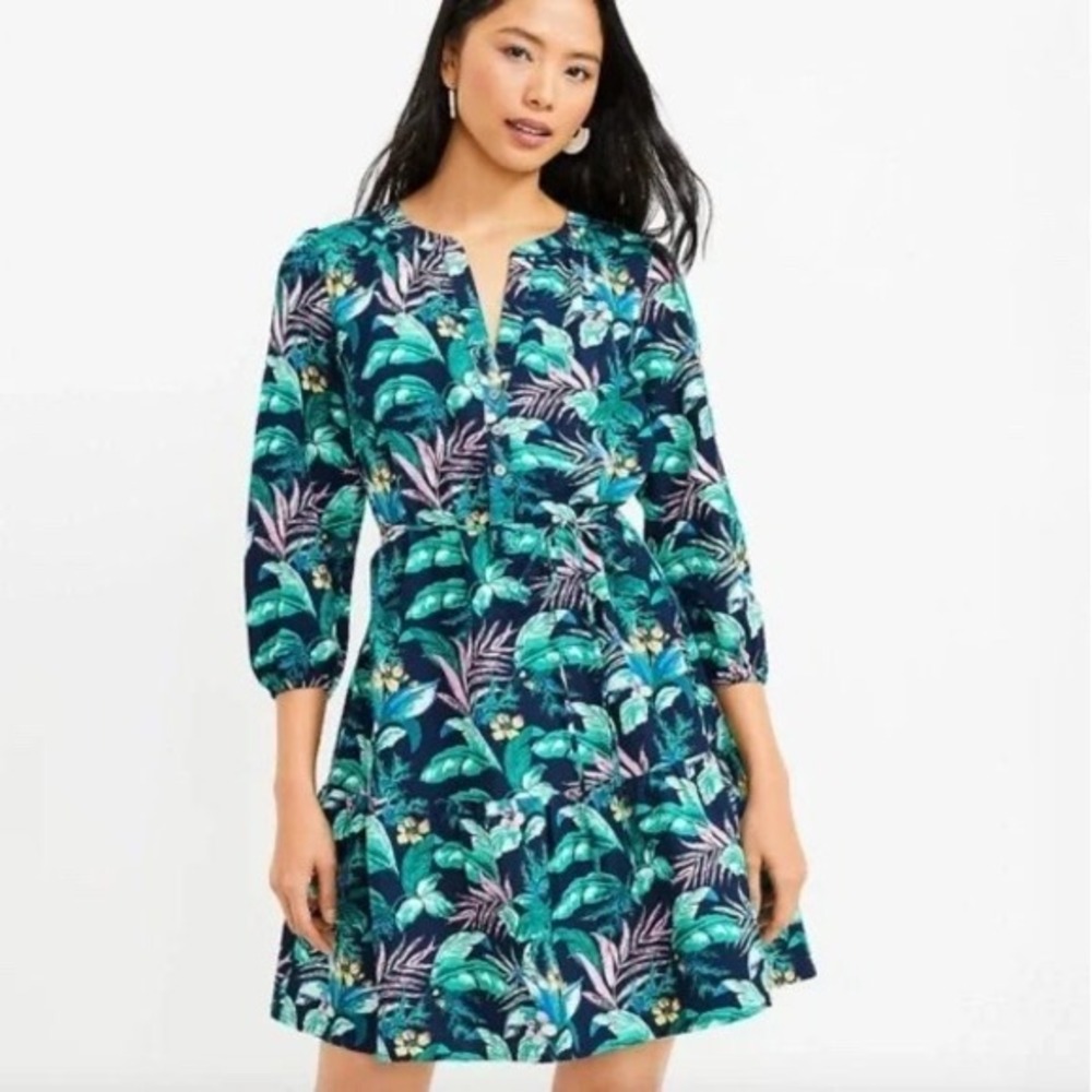 LOFT Tropical Leaf Print Linen Blend Tiered Mini Dress XL Green Blue Floral